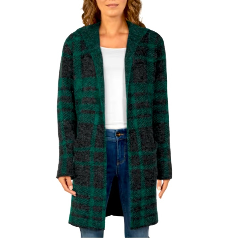 Bass Pro Natural Reflections Long Hooded Plaid Blanket Sweater Coatigan